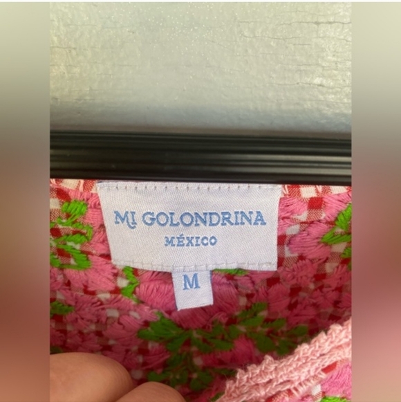 Mi Golondrina Pink & Green Gingham Floral Embrodiered Mexican Top Medium - Picture 3 of 4
